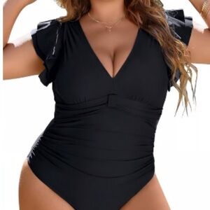 Blooming Jelly Womens Swimsuit Size XL One Piece V Neck Ruffle Sleeve Ruched
